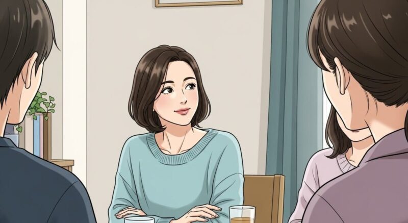 ホームパーティーの中で自然な再会の場面を演出する日本人女性