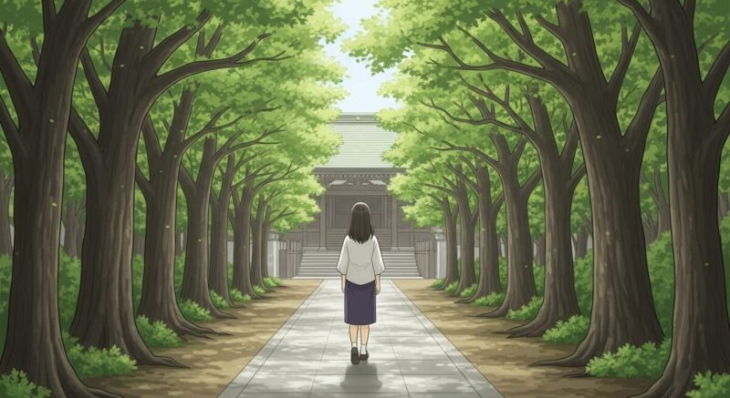 静かな神社の参道を一人で歩く前向きな日本人女性