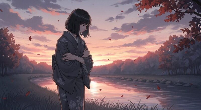 夕暮れの川辺を歩きながら心を抱えるように佇む女性