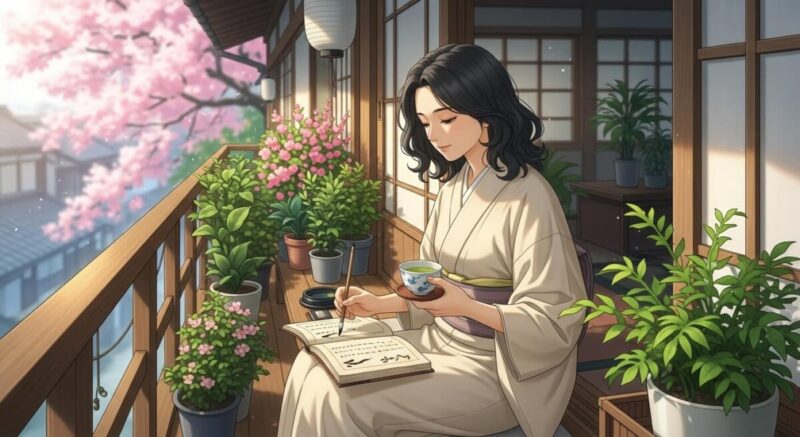 朝のバルコニーで日記をつけながら心を整える女性