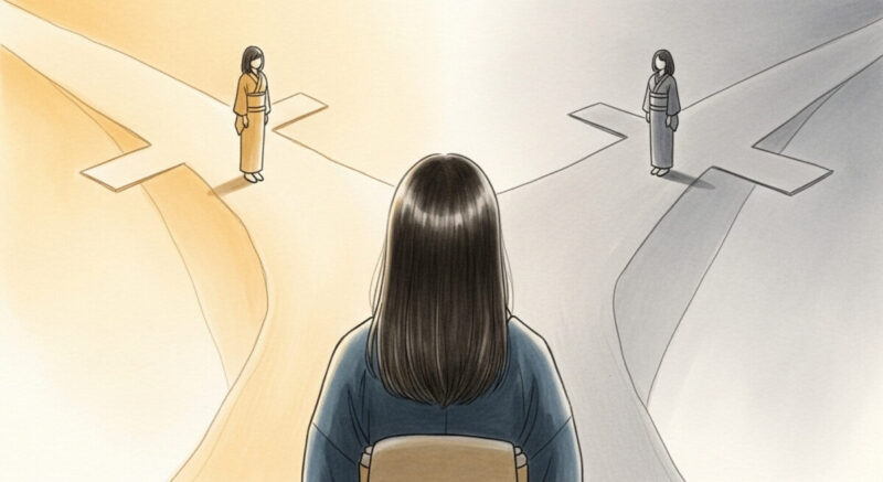 別れ道で立ち止まり、進む方向を思案する女性