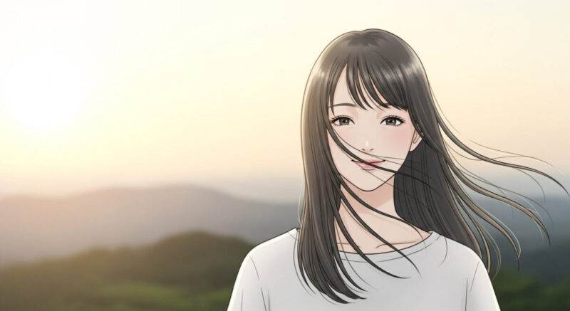朝日の丘で前を向き、未来へ歩き出す女性の明るい