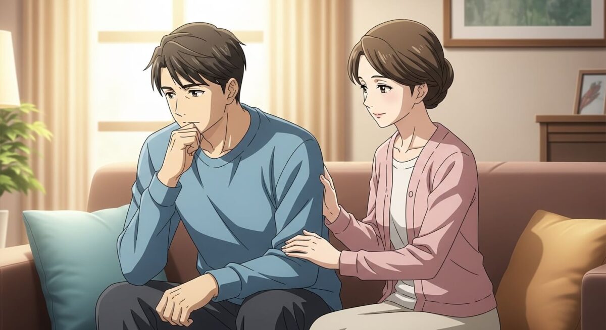 ソファに座って真剣な表情を見せる男性と、それを優しく見守る女性