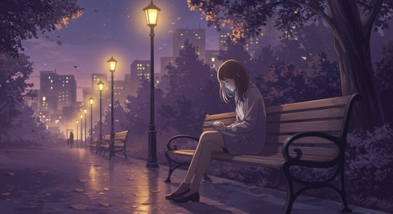 夕暮れの公園でスマートフォンを見つめる女性の繊細なイラスト