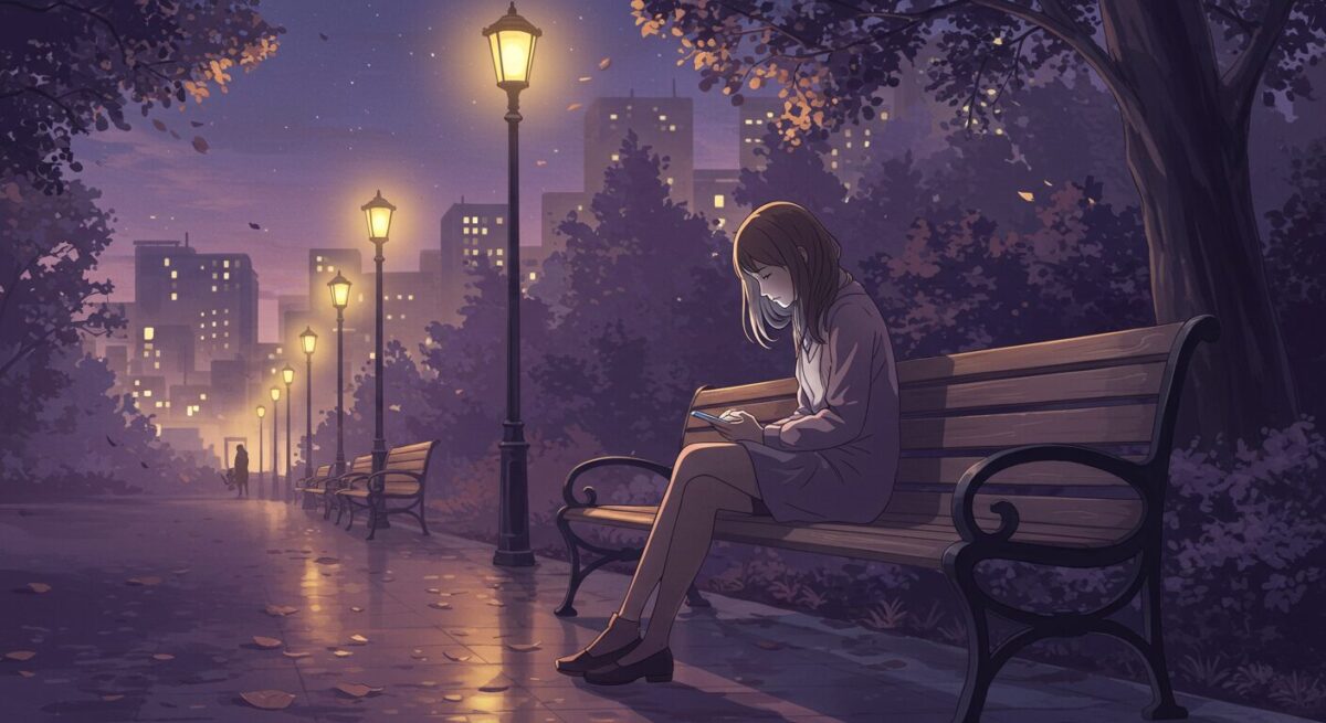 夕暮れの公園でスマートフォンを見つめる女性の繊細なイラスト