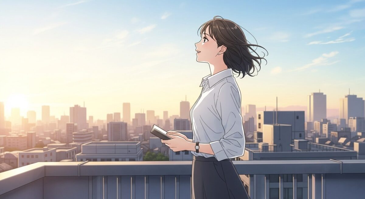 朝焼けのビルの屋上で街を見下ろしながら希望を感じる日本人女性