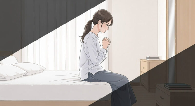静かな部屋でベッドに腰掛けながら思いにふける日本人女性