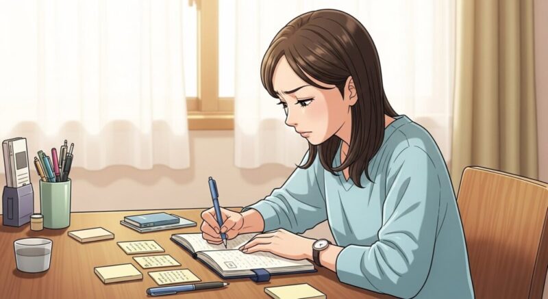 机に並べた付箋やノートを使い、1ヶ月の計画を立てる日本人女性