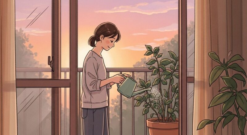 夕暮れのバルコニーで植物に水をあげながら穏やかに微笑む日本人女性