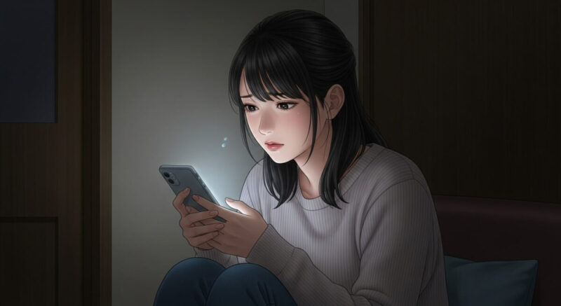 スマホを前に迷う女性の感情的