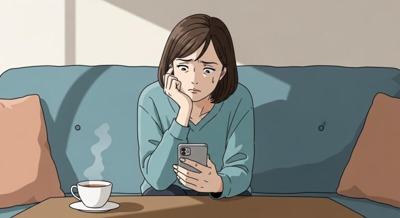 スマホを見つめながら連絡の可否を悩む女性