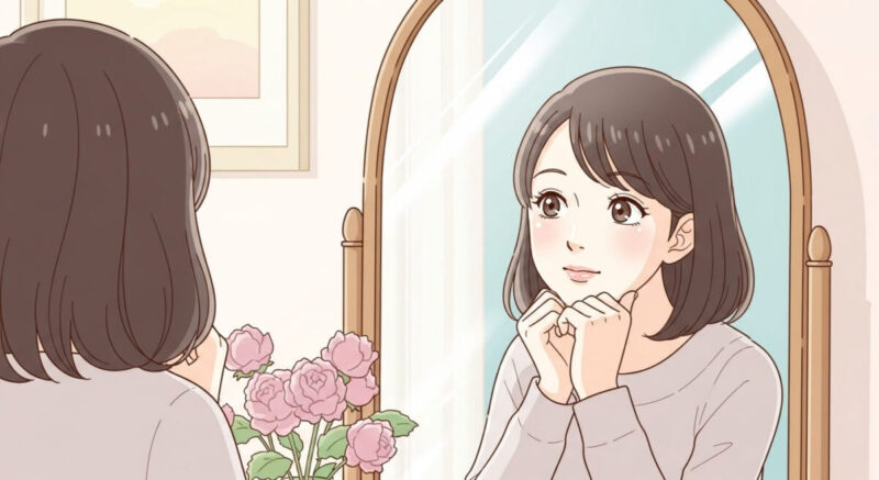 鏡の前で静かに自分と向き合う女性