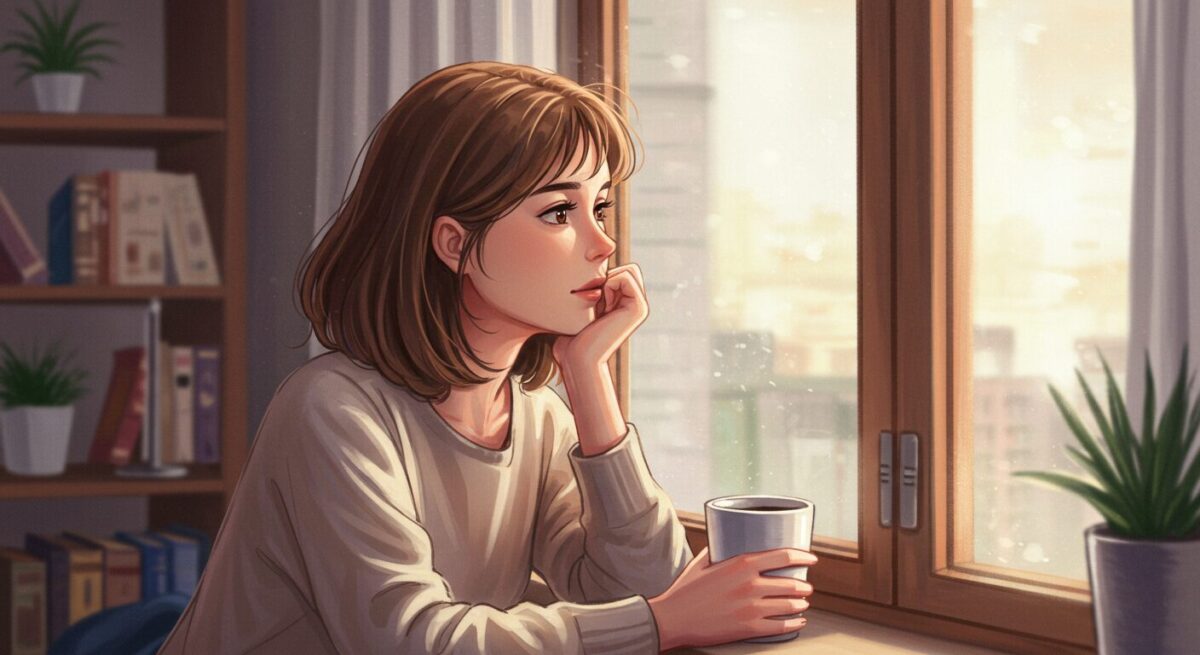 窓辺で遠くを見つめる大人の女性の繊細なイラスト。切なさと希望が交差する雰囲気。