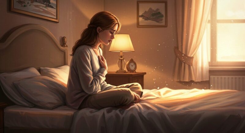 ベッドに座って静かに自分を見つめる女性のイラスト。内面と向き合う様子が描かれている。