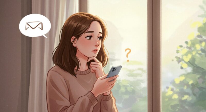 スマートフォンを手に、連絡すべきか迷う女性の繊細なイラスト。
