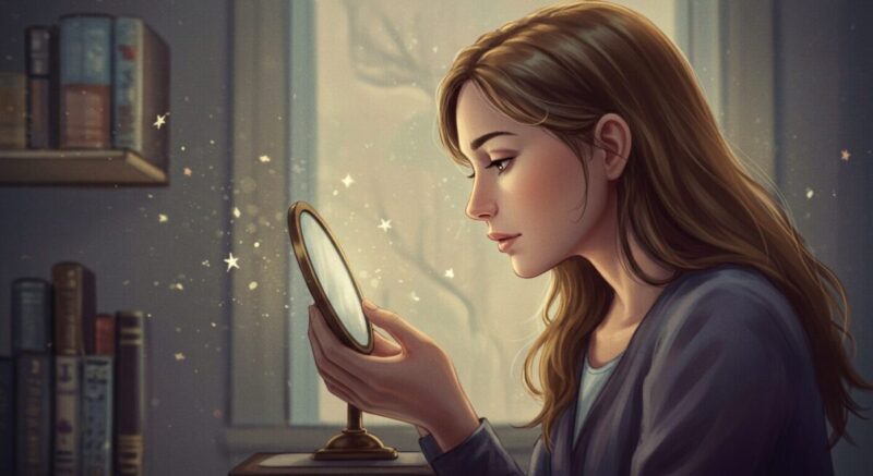 変化した自分を見つめ直す女性のイラスト。内面の成長を感じさせる静かな表情。