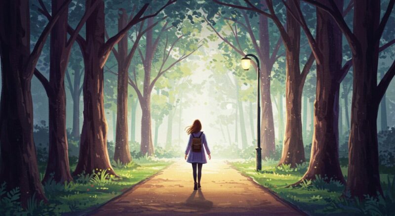 木々に囲まれた道をゆっくり歩く女性のイラスト。未来へ向かう静かな決意を感じさせる。