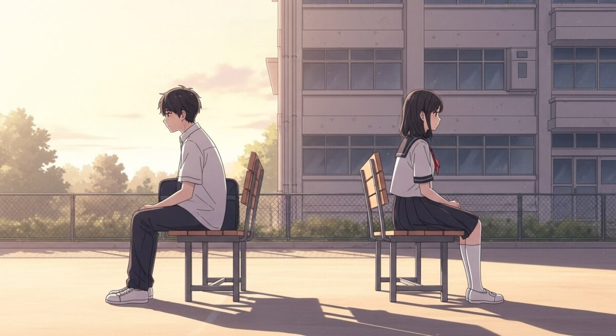 夕暮れの校庭で距離をとりながら座る中学生の男女