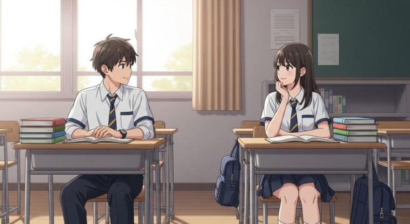 教室内で自然に目を合わせる中学生の男女