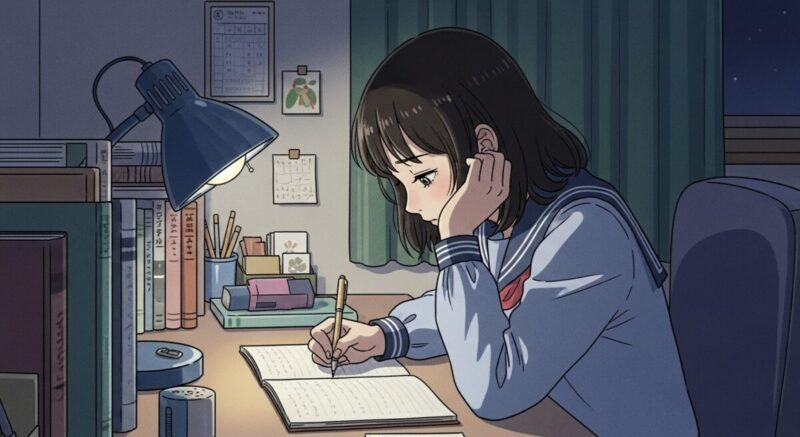 自室でノートに気持ちを整理する中学生の女の子