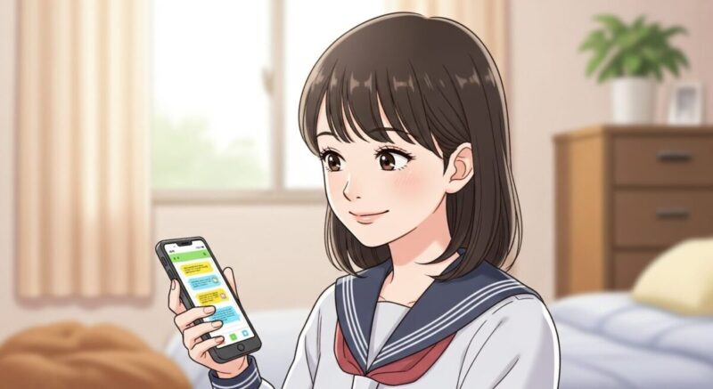スマートフォンでLINEの返信を考えている中学生の女の子