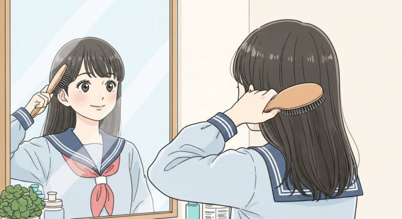 鏡の前で身だしなみを整える中学生の女の子