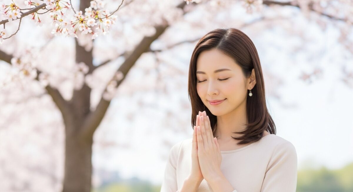 桜の木の下で静かに手を合わせる日本人女性
