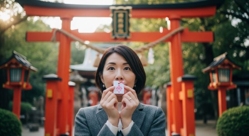 神社の鳥居の前でお守りを手に願う日本人女性