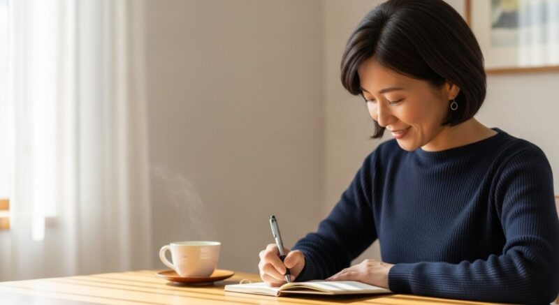 窓際の机で日記を書きながらほほ笑む日本人女性