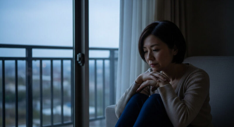 夕暮れの窓辺で物思いにふける日本人女性
