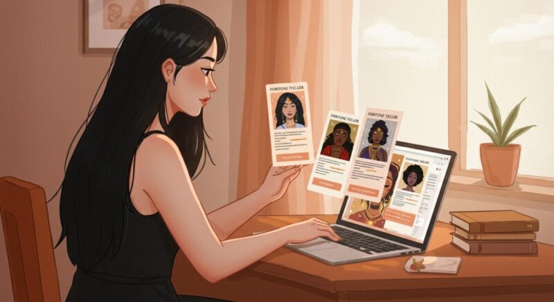 スマートフォンで占い師を選んでいる女性