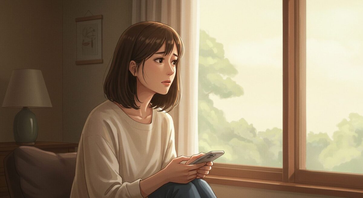 スマホを片手に物思いにふける日本人女性のイラスト。柔らかい光に包まれた落ち着いた室内で、返事を待つ不安と期待が入り混じる表情。