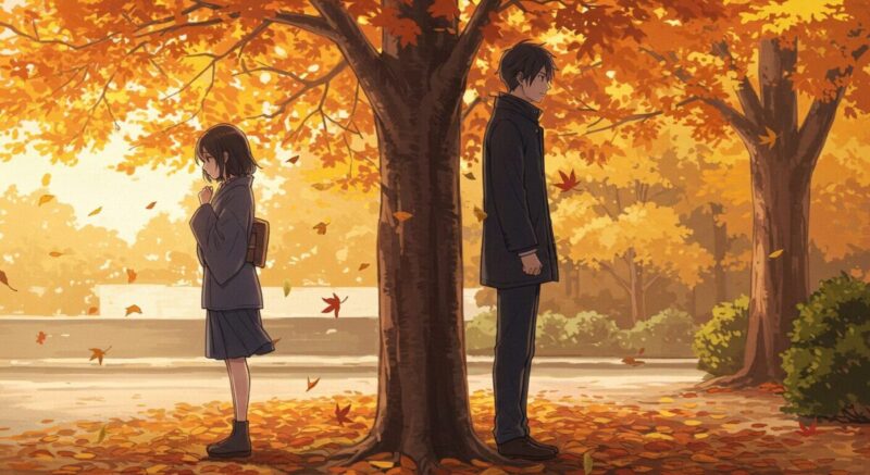 お互い目を合わせず距離をとる男女のイラスト。返事を保留された状況を象徴するような、静かで繊細な空気感。