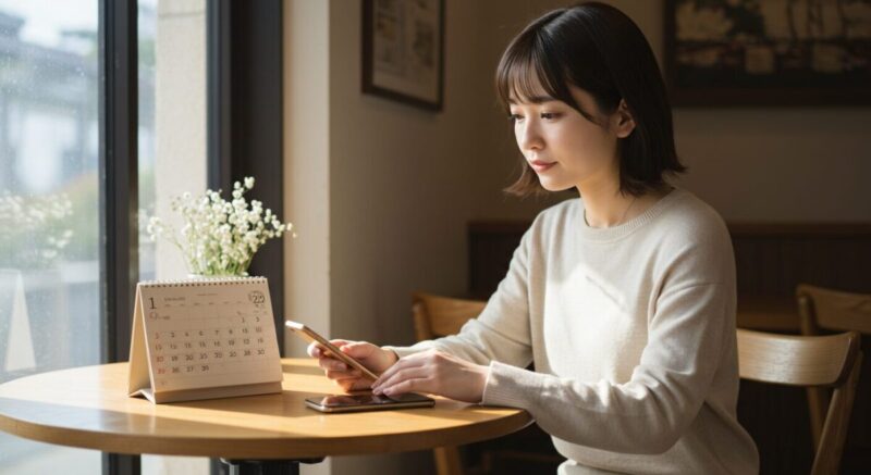 カレンダーを見つめながら思案する日本人女性のイラスト。返事を待つ期間の目安について考える様子。