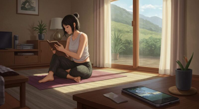 自宅でヨガや日記を書くなど、自分と向き合う時間を過ごす女性のイラスト。返事を待つ間の前向きな過ごし方を表現。