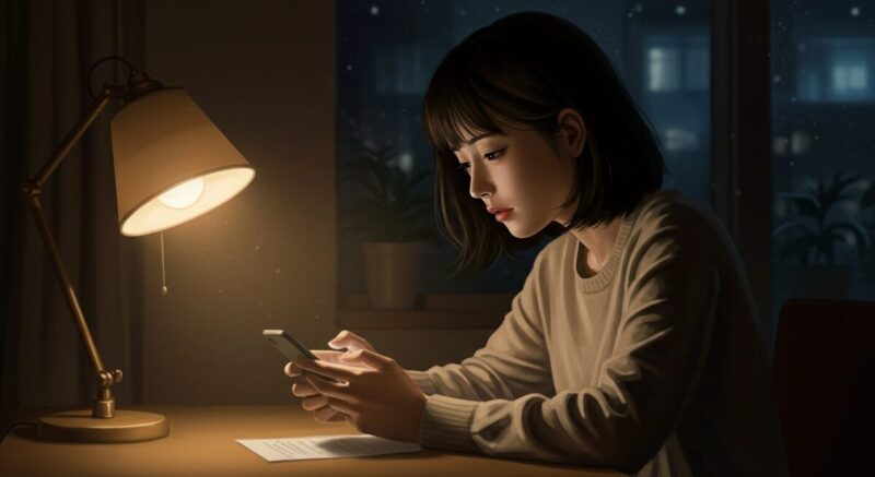 夜の部屋でスマートフォンにメッセージを打つ女性のイラスト。返事が来ない中でも前向きに行動を考える姿。