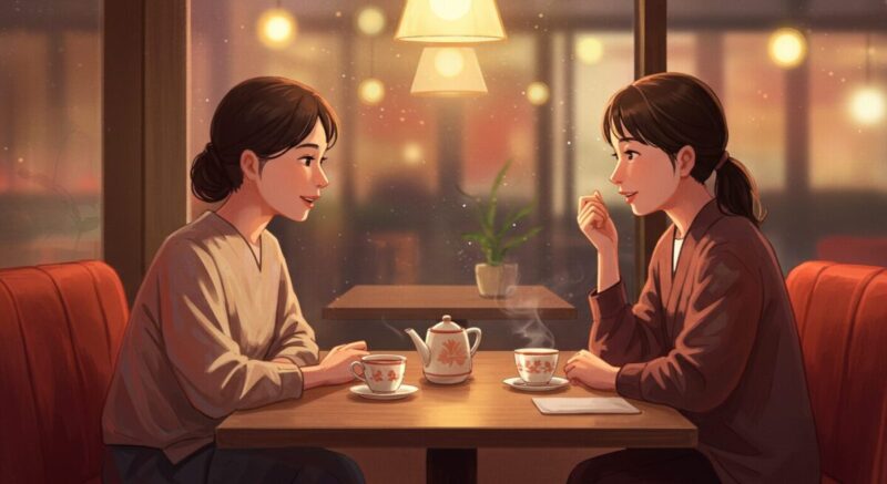 カフェで友人と優しく語り合う女性たちのイラスト。読者の不安に寄り添い、心が少し軽くなるような場面。