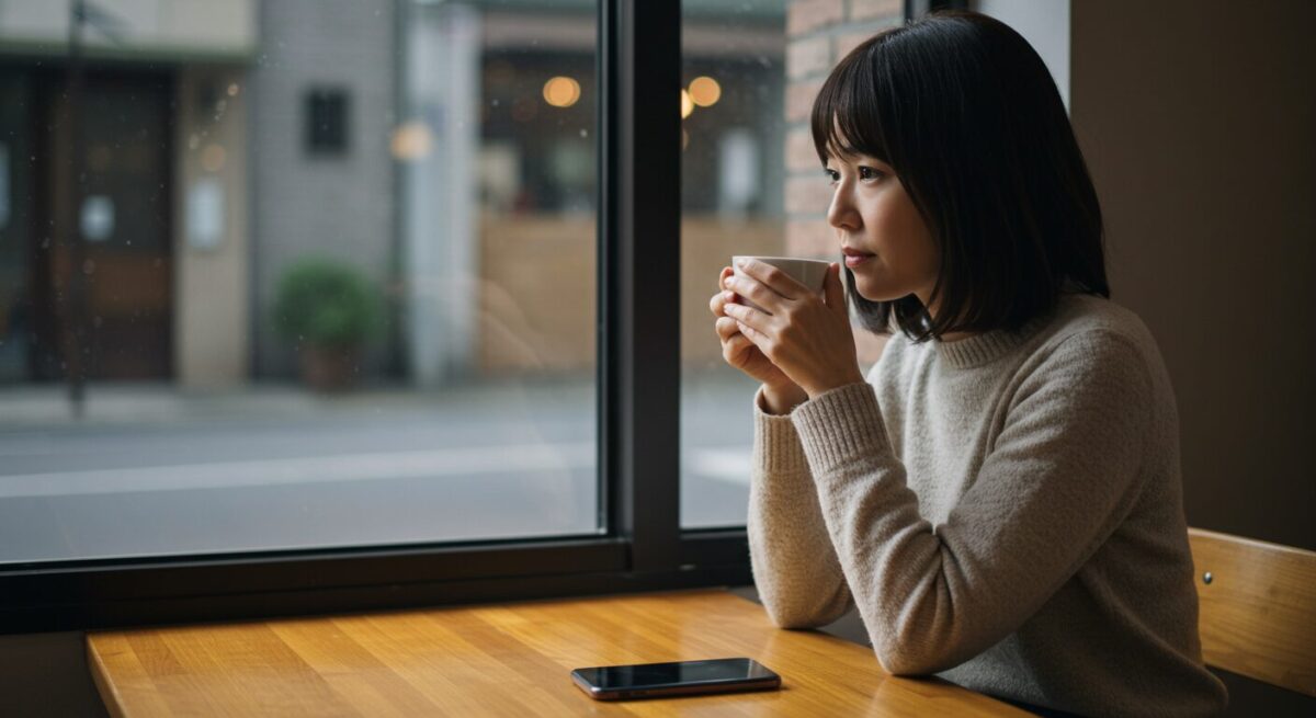 曇り空のカフェで窓の外を見つめる日本人女性。手元にスマートフォンと紅茶があり、返事を待つ静かな時間を象徴するシーン。