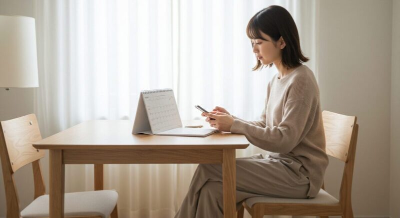 自宅のデスクでカレンダーとスマートフォンを見つめる女性。返事が来ない日々の経過に思いを馳せている表情。