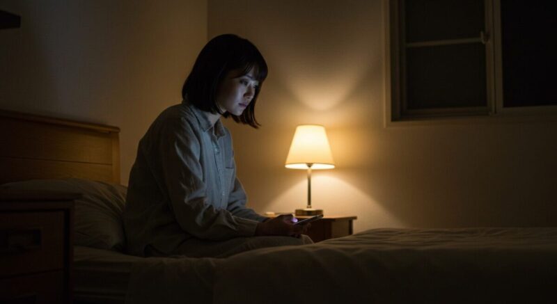 夜の寝室でスマートフォンを見つめる女性。返事が来ない状況に静かに向き合う、落ち着いた表情が印象的。