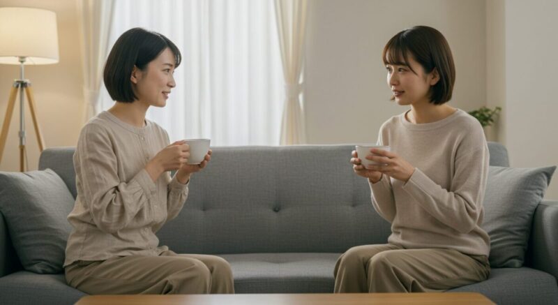 リビングでお茶を飲みながら語り合う2人の女性。真剣な表情で話を聞く姿が、心のつながりと安心感を表している。