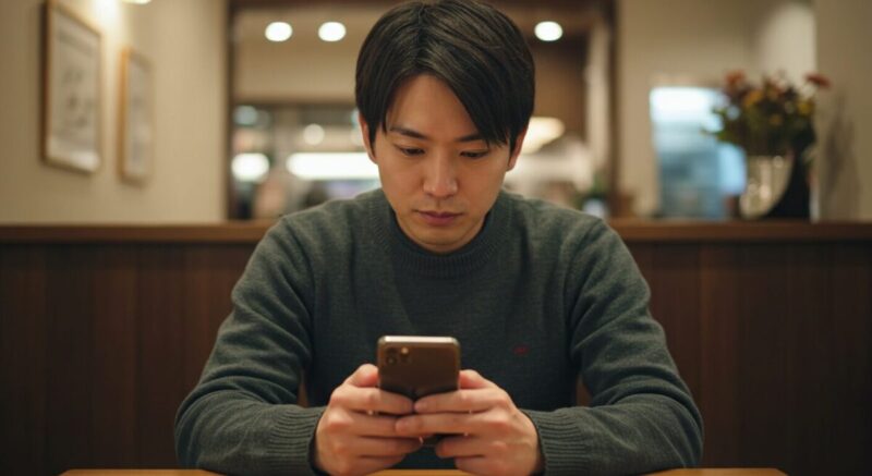 カフェでスマホにメッセージを打つ男性のやわらかな雰囲気