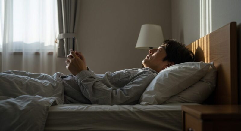 部屋でスマホを持ったまま天井を見つめる男性