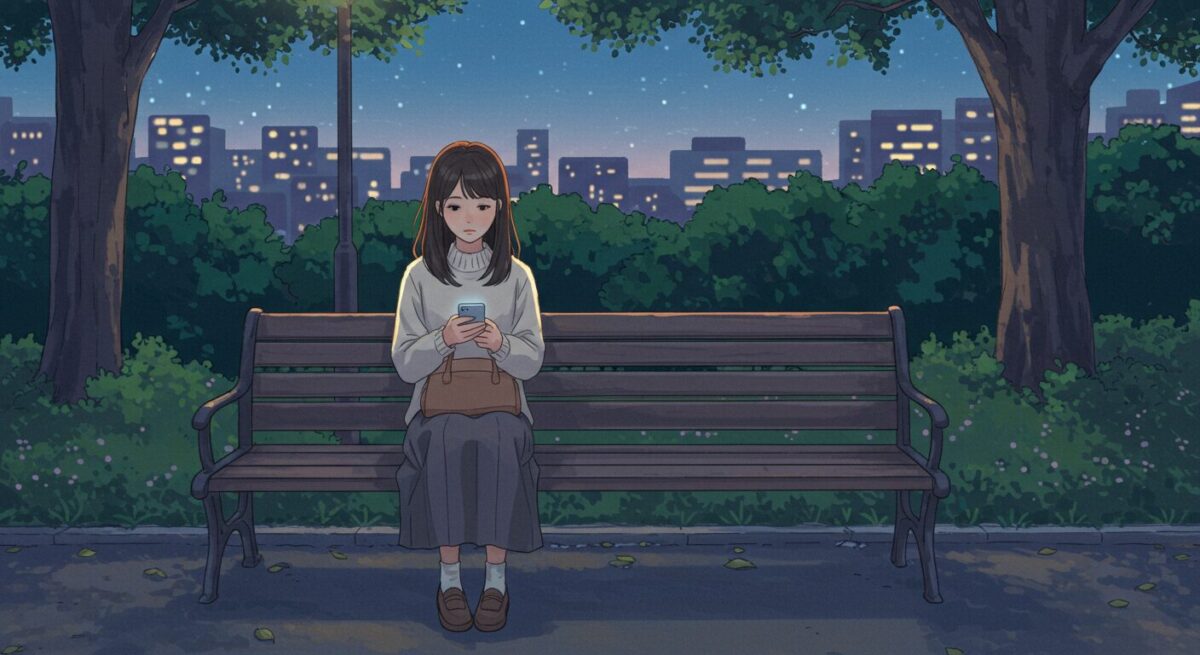 夕暮れの公園でスマホを見つめる大人の女性