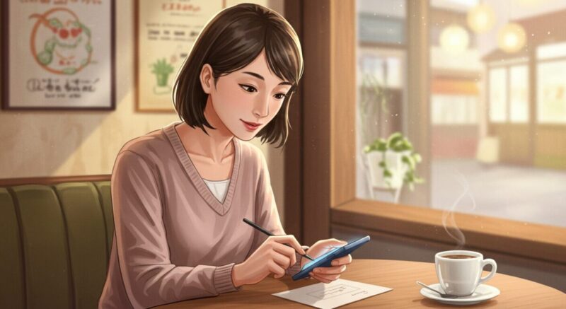 カフェでスマートフォンを操作しながら微笑む女性
