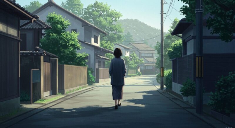 早朝の街をひとり歩く冷静な表情の女性