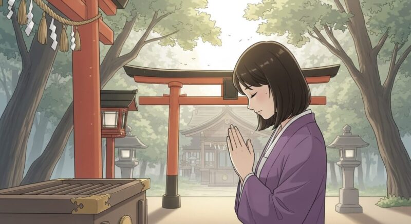 復縁を願って丁寧に参拝する日本人女性