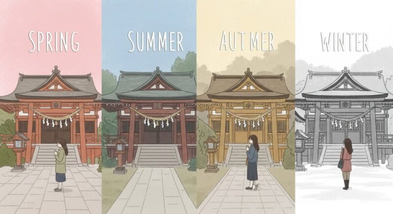 四季折々の神社を訪れる女性