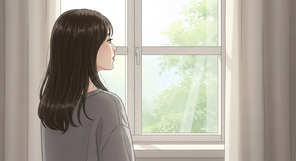 落ち着いた朝の光の中で窓辺に座り、復縁への想いを胸に静かに物思いにふける女性