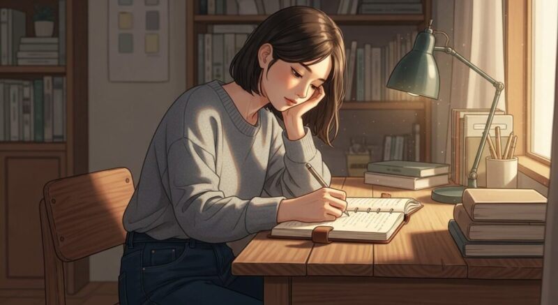 静かな部屋で自分を見つめ直しながら日記を綴る女性